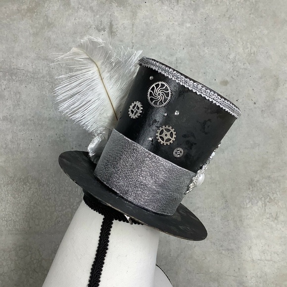 🌺 STEAMPUNK COSTUME MINI TOP HAT TIE CLIP SET COSPLAY GRAY SILVER BUNDLE PARTY - Picture 10 of 12